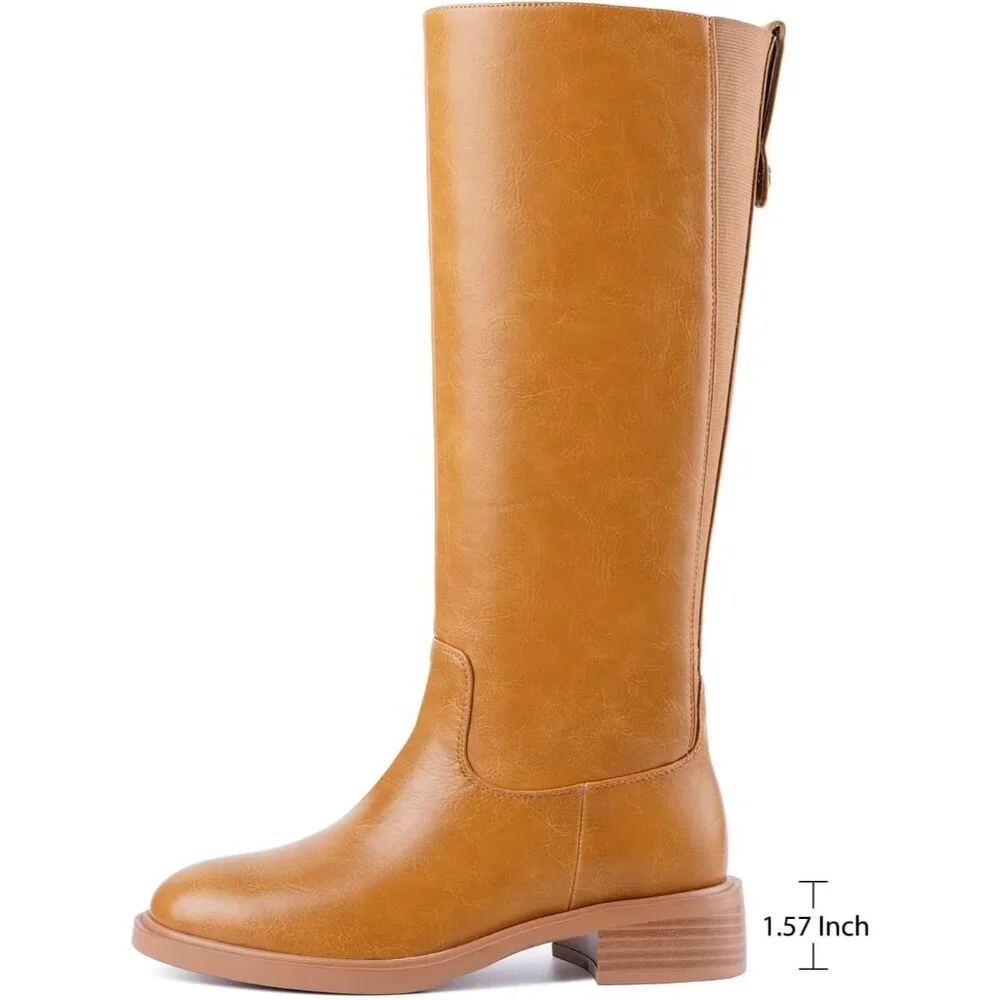 Women's A-banana Round Toe Wide Calf Chunky Low Heel Pull Knee High Boots Rubber